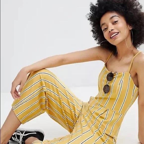 Bershka Pants - Bershka Yellow Striped Jumpsuit